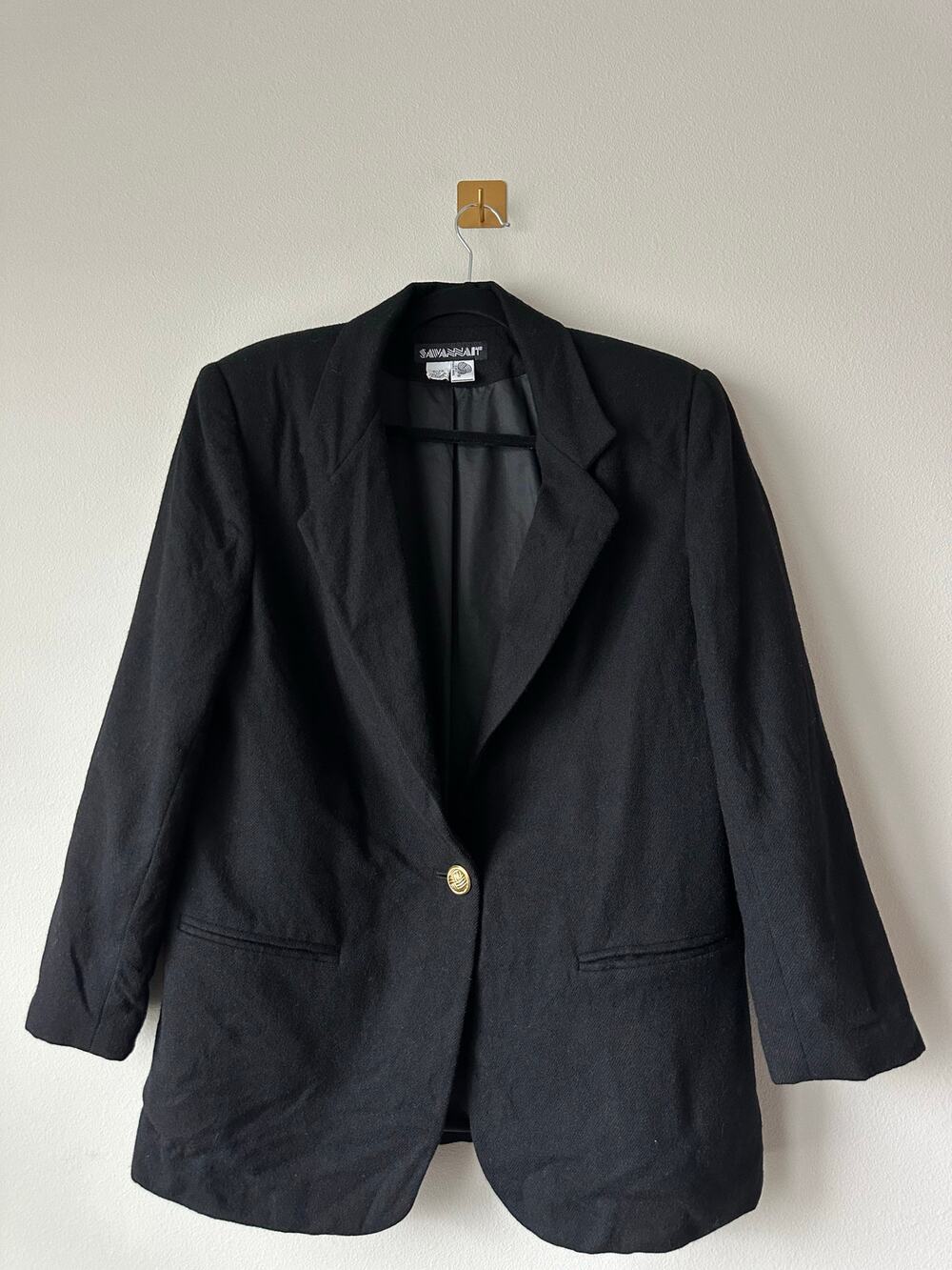 Vintage Savannah Black Wool Blazer Women’s 12 Gold Button 90s Tailored Blazer